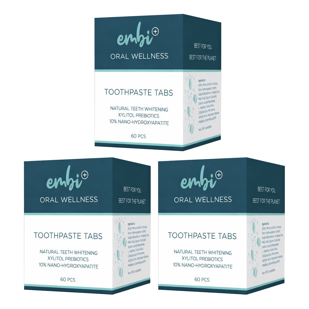 Three boxes of embi Oral Wellness Toothpaste Tabs on a white background